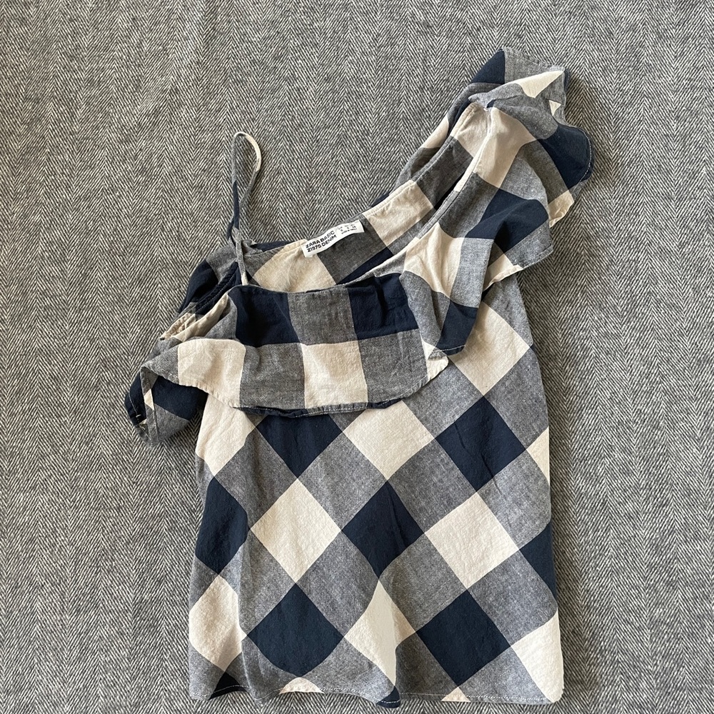 Zara Basic Gingham One Shoulder Blouse In Navy An… - image 2